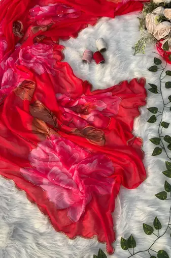 Rani Pink Color  digital print and hand work Chiffon Saree