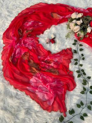 Rani Pink Color  digital print and hand work Chiffon Saree 4