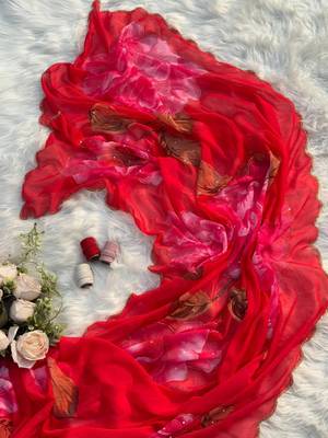 Rani Pink Color  digital print and hand work Chiffon Saree 5