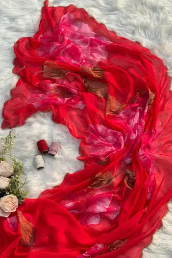 Rani Pink Color  digital print and hand work Chiffon Saree