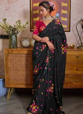 Black Color Cut Dana Flower Work  Georgette Saree 1