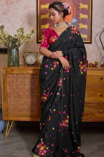 Black Color Cut Dana Flower Work  Georgette Saree