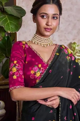 Black Color Cut Dana Flower Work  Georgette Saree