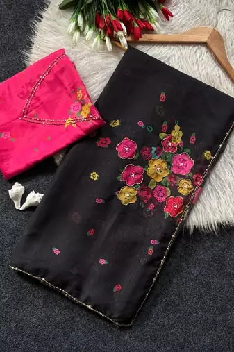 Black Color Cut Dana Flower Work  Georgette Saree
