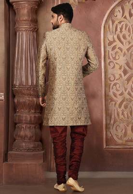 Brown straight pattern work with mahroon pipe in indo western 2