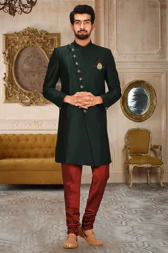 Bottle green anghrakha pattern work with mahroon pipe in indo western