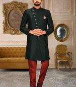 Bottle green anghrakha pattern work with mahroon pipe in indo western