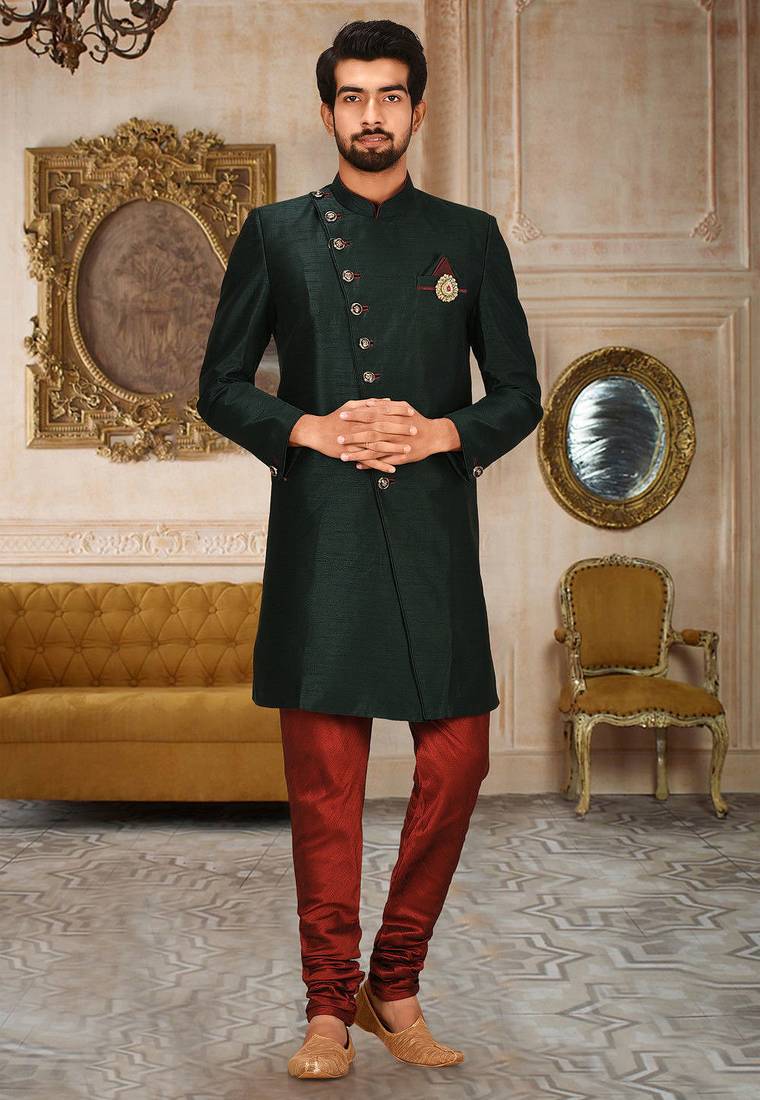 Bottle green anghrakha pattern work with mahroon pipe in indo western