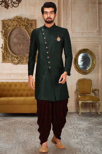 Bottle green anghrakha pattern work with mahroon pipe in indo western