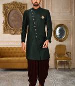 Bottle green anghrakha pattern work with mahroon pipe in indo western