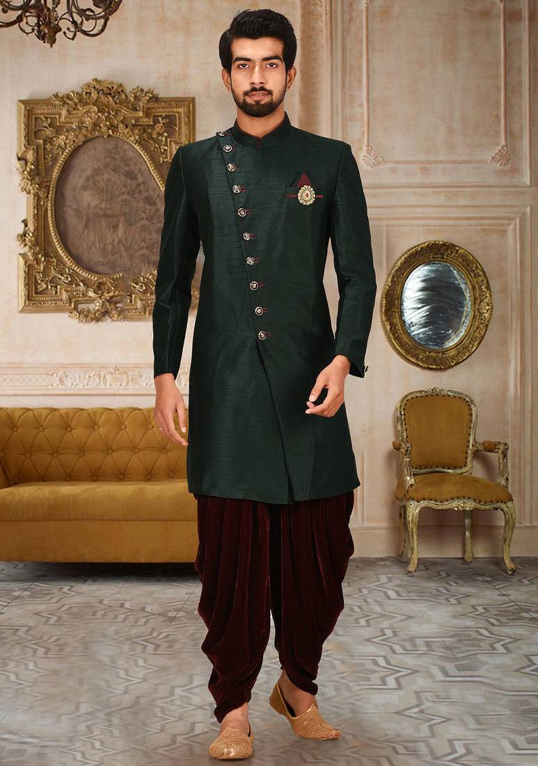 Bottle green anghrakha pattern work with mahroon pipe in indo western