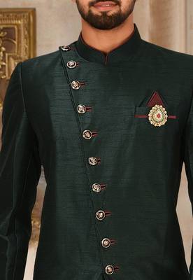 Bottle green anghrakha pattern work with mahroon pipe in indo western 2