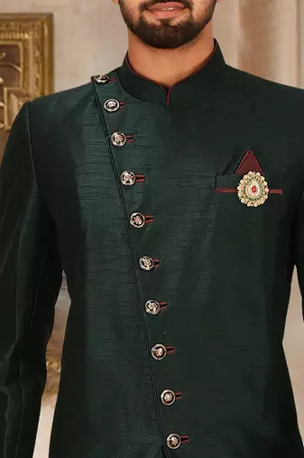 Bottle green anghrakha pattern work with mahroon pipe in indo western