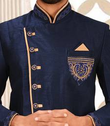 Navy blue dupion arts silkstraight design with emb all over work indo western
