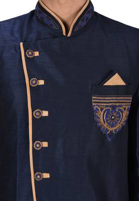Navy blue dupion arts silk anghrakha design with hand work on collar, hand and chest pocket indo western 2