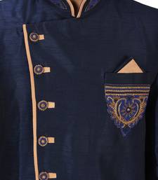 Navy blue dupion arts silk anghrakha design with hand work on collar, hand and chest pocket indo western