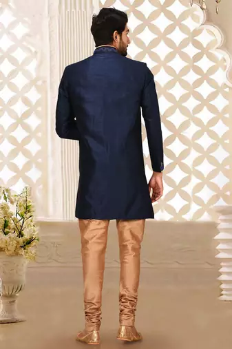 Navy blue dupion arts silk anghrakha design with hand work on collar, hand and chest pocket indo western