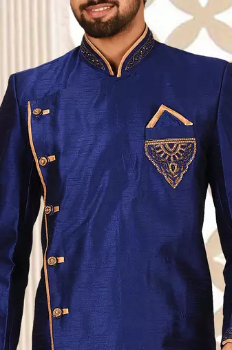 Royal blue dupion arts silk anghrakha design with hand work on collar, hand and chest pocket indo western