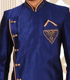 Royal blue dupion arts silk anghrakha design with hand work on collar, hand and chest pocket indo western