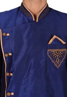 Royal blue dupion arts silk anghrakha design with hand work on collar, hand and chest pocket indo western 2