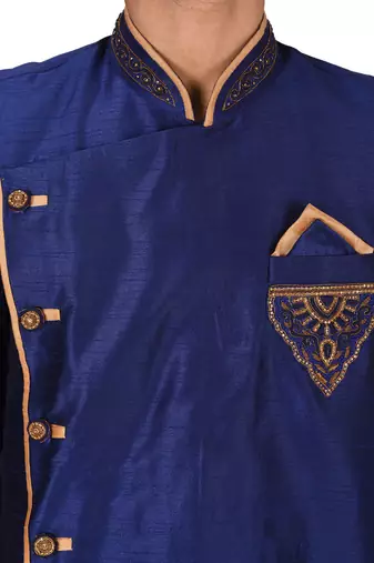 Royal blue dupion arts silk anghrakha design with hand work on collar, hand and chest pocket indo western