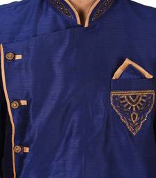 Royal blue dupion arts silk anghrakha design with hand work on collar, hand and chest pocket indo western