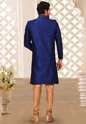 Royal blue dupion arts silk anghrakha design with hand work on collar, hand and chest pocket indo western 3