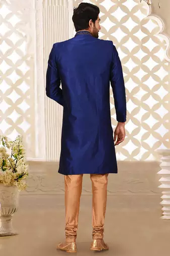 Royal blue dupion arts silk anghrakha design with hand work on collar, hand and chest pocket indo western