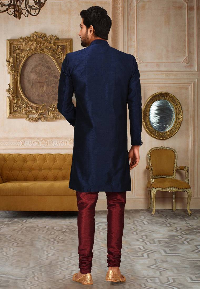 Navy blue anghrakha pattern work indo western