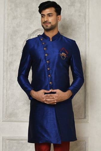 Royal blue anghrakha pattern work indo western