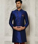 Royal blue anghrakha pattern work indo western