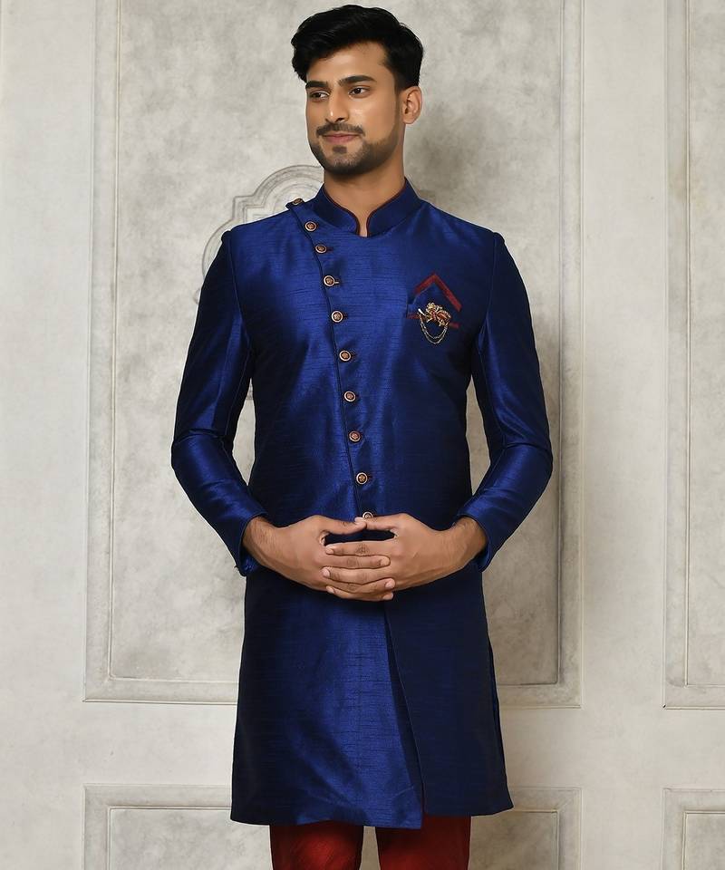 Royal blue anghrakha pattern work indo western