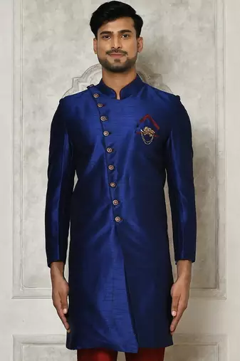 Royal blue anghrakha pattern work indo western