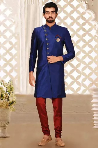 Royal blue anghrakha pattern work indo western