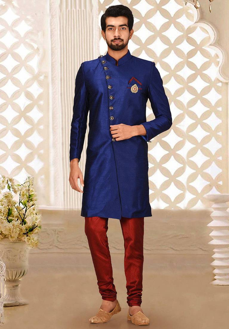 Royal blue anghrakha pattern work indo western