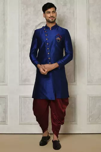 Royal blue anghrakha pattern work indo western