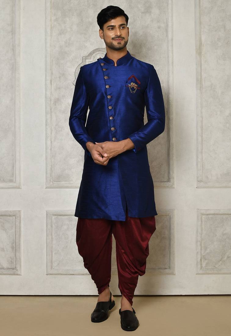 Royal blue anghrakha pattern work indo western