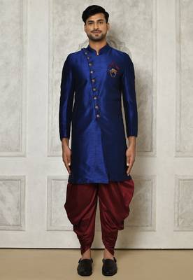Royal blue anghrakha pattern work indo western 3