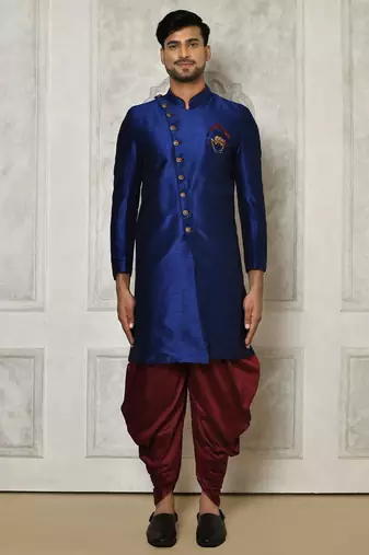 Royal blue anghrakha pattern work indo western