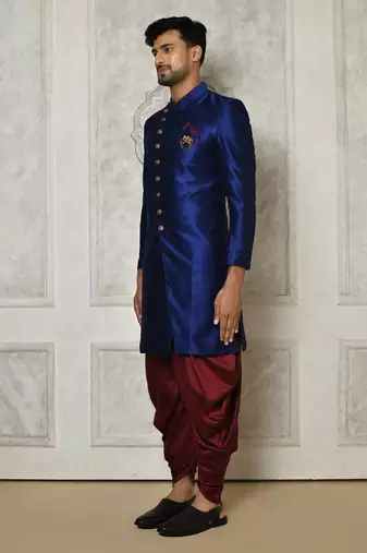 Royal blue anghrakha pattern work indo western