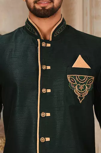 Royal blue dupion arts silk anghrakha design with hand work on collar, hand and chest pocket indo western