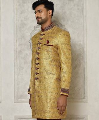 Gold straight pattern work on zari jamewar fabric with handwork 3