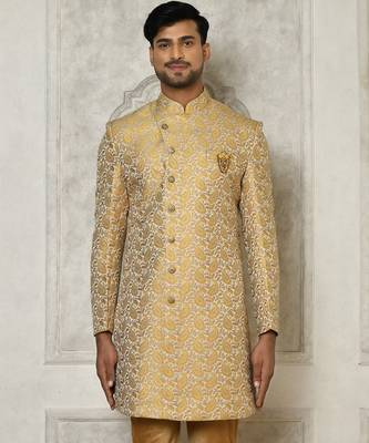 Yellow anghrakha pattern work indo western 1
