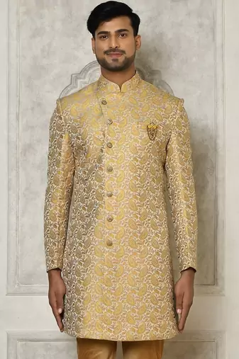 Yellow anghrakha pattern work indo western