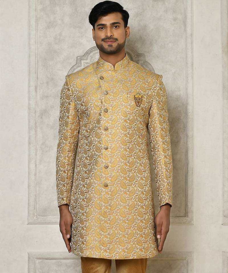 Yellow anghrakha pattern work indo western