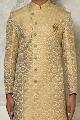 Yellow anghrakha pattern work indo western