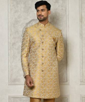 Yellow anghrakha pattern work indo western 3