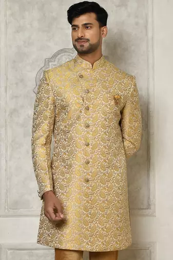 Yellow anghrakha pattern work indo western