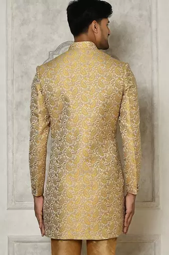 Yellow anghrakha pattern work indo western