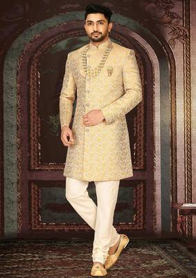 Yellow anghrakha pattern work indo western 1